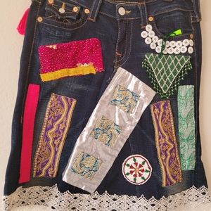 Vantage jeans skirt with patches hand made.